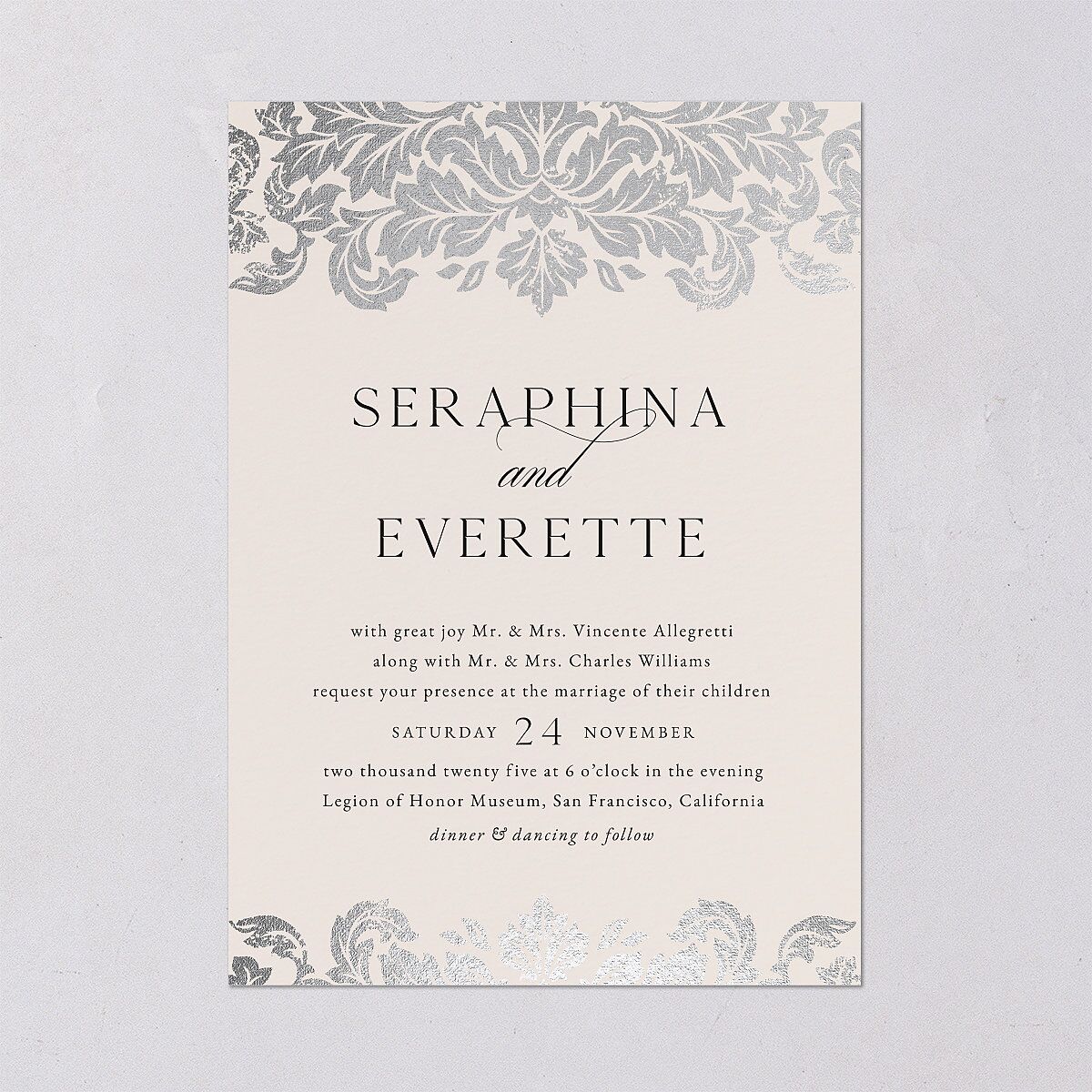 Elegant Damask Wedding Invitations Silver Champagne Signature Blank No