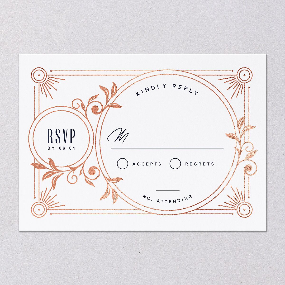 Ornate Elegance Wedding Response Cards Rose Gold Navy Signature