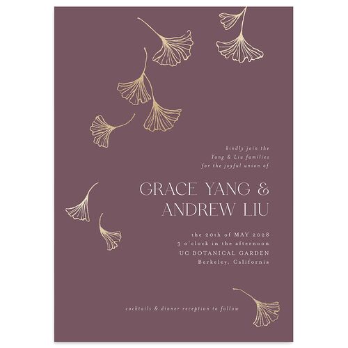 Ginkgo Leaves Wedding Invitations Gold Plum Signature Blank No Standard