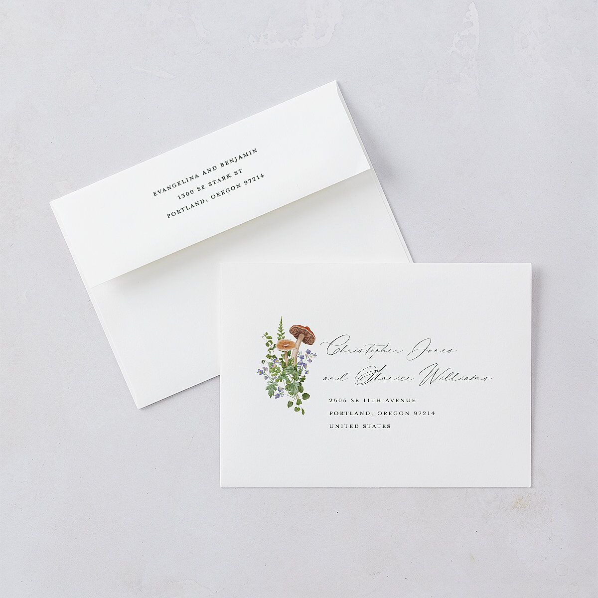 Mushroom Garden Fairytale Wedding Invitation Envelopes Dark Green White Both Recipient and Return Addresses Standard Signature