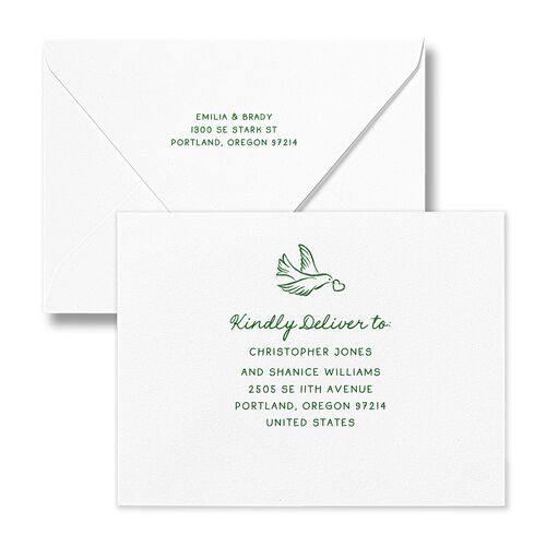 Vintage Lovebird Banner Thank You Card Euro Envelopes White Jewel Green Both Recipient and Return Addresses Luxe Signature