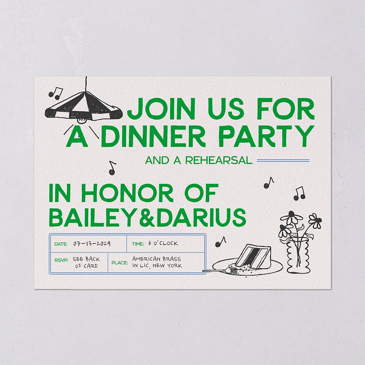 Hand Drawn Party Rehearsal Dinner Invitations Jewel Green Signature Blank Standard