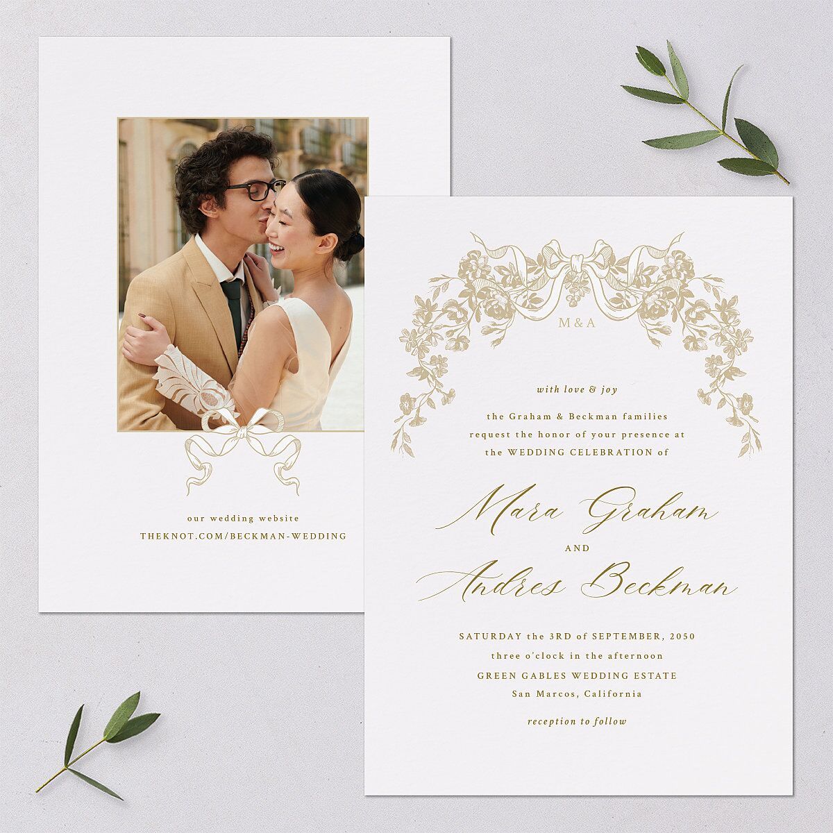 Antique Botanical Garland Wedding Invitations Champagne Signature Blank No Standard