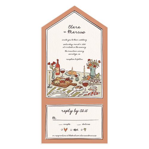Hand Drawn Tablescape All-in-One Wedding Invitations Apricot Signature Light Both Recipient and Return Addresses No