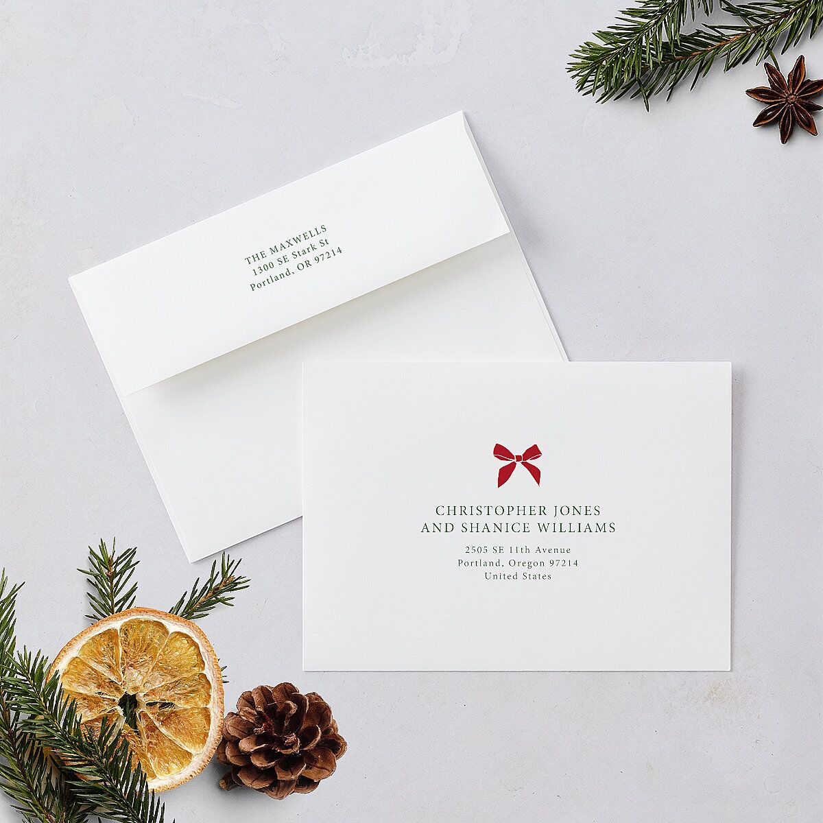 Simple Frame Photo Accent Holiday Card Envelopes White Hunter Green Both Recipient and Return Addresses Standard Signature