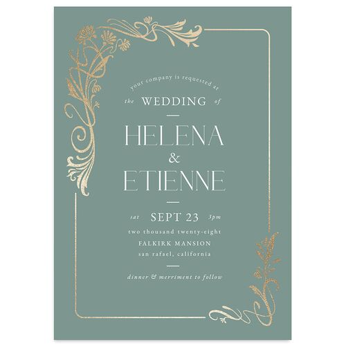 Nouveau Frame Wedding Invitations Gold Dusty Blue Signature Blank No Standard