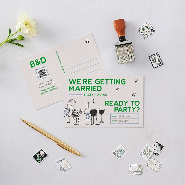 Hand Drawn Party Save the Date Postcards Jewel Green