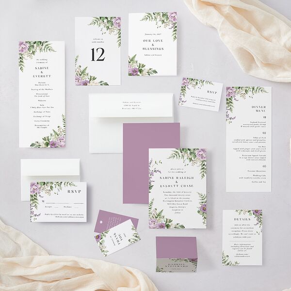 Floral Fern Frame Wedding Response Cards Purple Petal Signature Standard