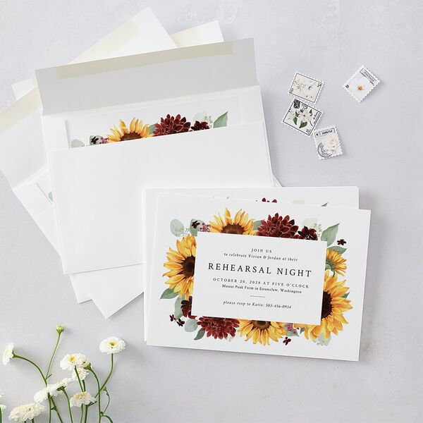Classic Countryside Sunflowers Rehearsal Dinner Invitations Burgundy Signature Blank Standard