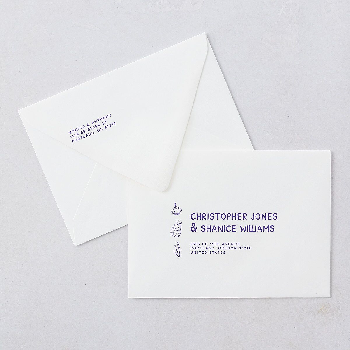 Hand Drawn Recipe Wedding Invitation Euro Envelopes White Sapphire Both Recipient and Return Addresses Luxe Signature