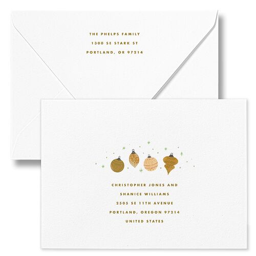 Vintage Christmas Ornaments Holiday Card Euro Envelopes White Hunter Green Return Address Luxe Signature