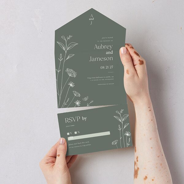 Simple Modern Wildflowers All-in-One Wedding Invitations Deep Olive Signature Light Both Recipient and Return Addresses No