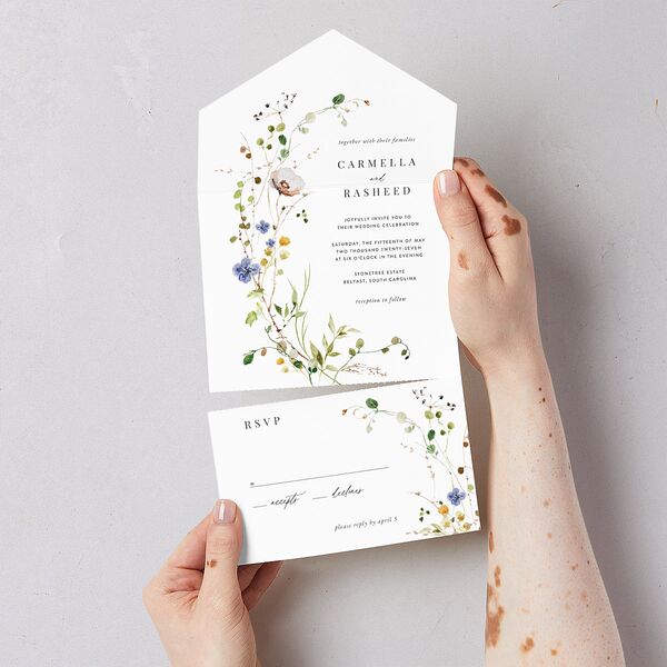 Delicate Wildflower All-in-One Wedding Invitations Pure White Signature Light Both Recipient and Return Addresses No