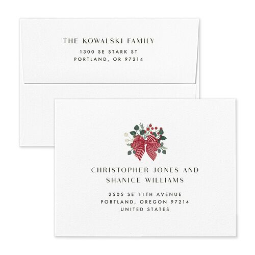 Rustic Holiday Foliage with Bow Thank You Card Envelopes White Hunter Green Both Recipient and Return Addresses Signature Standard