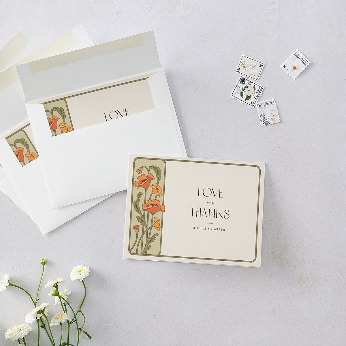 Vintage Nouveau Floral Thank You Cards Pear