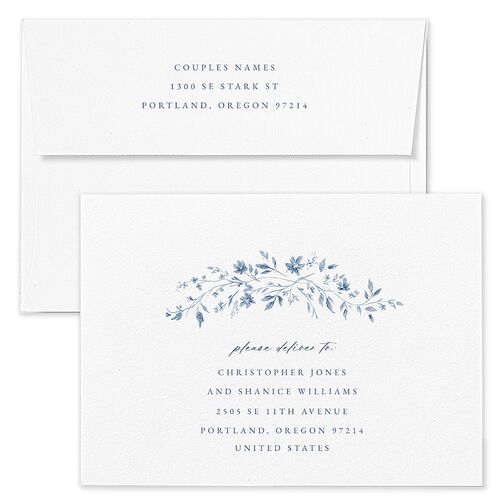 Timeless Floral Foil Save The Date Card Envelopes Blue Standard Dusty Blue Both Recipient and Return Addresses Signature