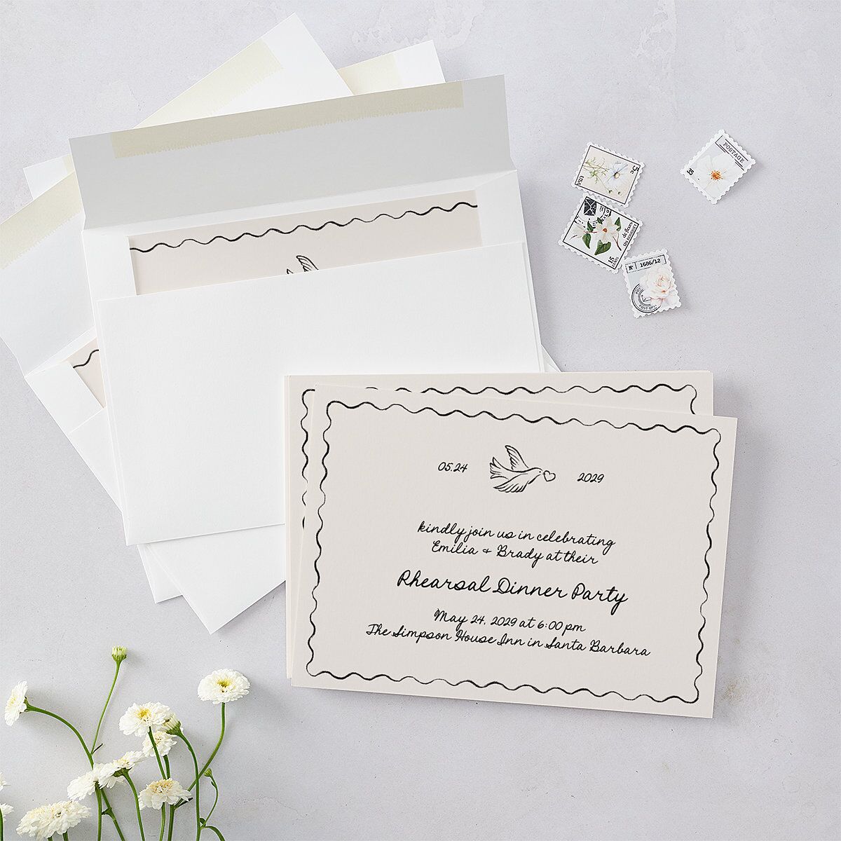 Vintage Lovebird Banner Rehearsal Dinner Invitations Linen Signature Blank Standard