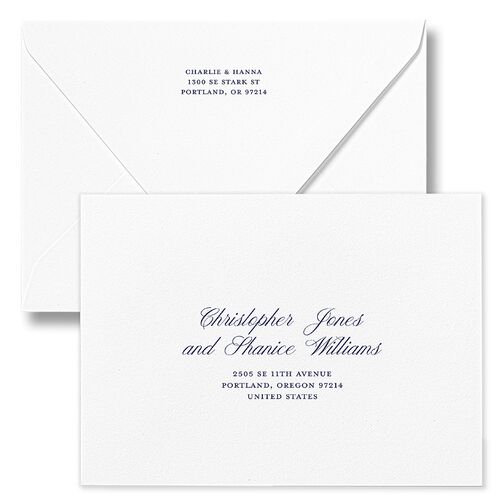 First Christmas Minimalist Bow Photo Holiday Card Euro Envelopes White Navy Return Address Luxe Signature