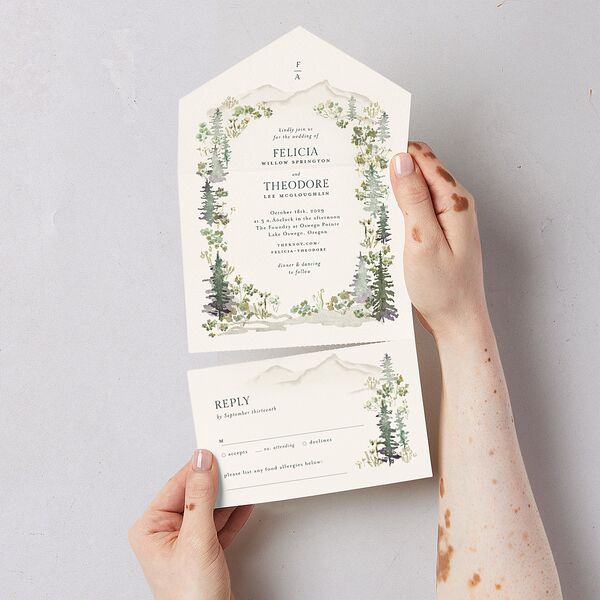Elegant Mountain Border All-in-One Wedding Invitations Meadow Signature Light Both Recipient and Return Addresses No