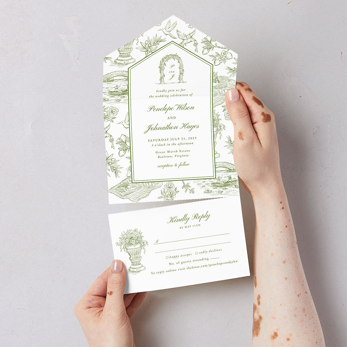 Elegant Italian Toile All-in-One Wedding Invitations Greenery Signature Light Both Recipient and Return Addresses No