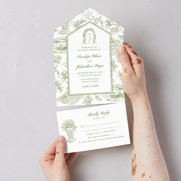 Elegant Italian Toile All-in-One Wedding Invitations Greenery Signature Light Both Recipient and Return Addresses No