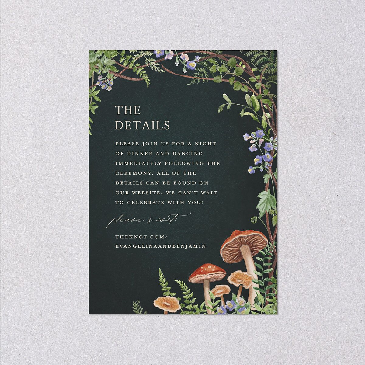 Mushroom Garden Fairytale Wedding Event Detail Cards Dark Green Signature Standard