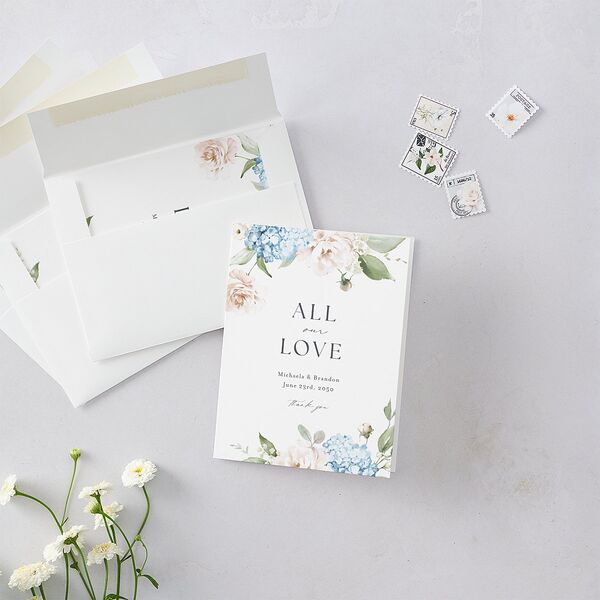 Elegant Peonies and Hydrangeas Thank You Cards Baby Blue