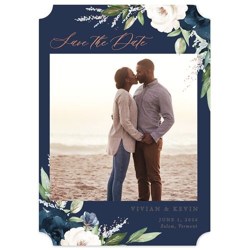 Beloved Floral Foil Save The Date Cards Rose Gold Moody Blue Signature smooth Blank No Ticket