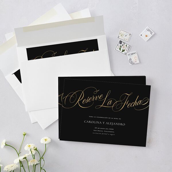 Nuestra Boda Save The Date Cards Gold Charcoal Signature smooth Blank No Standard