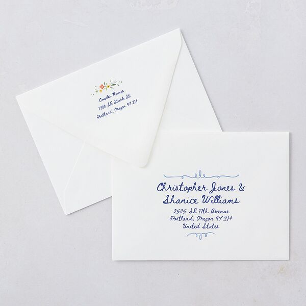 Countryside Crest Bridal Shower Invitation Euro Envelopes White Luxe Royal Blue Both Recipient and Return Addresses