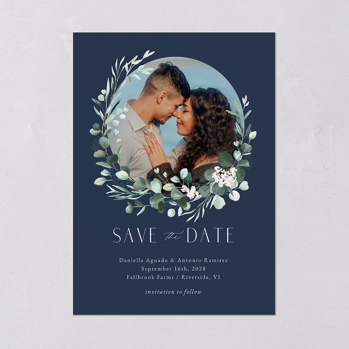 Eucalyptus Hoop Save the Date Cards Moody Blue Signature smooth Blank No Standard