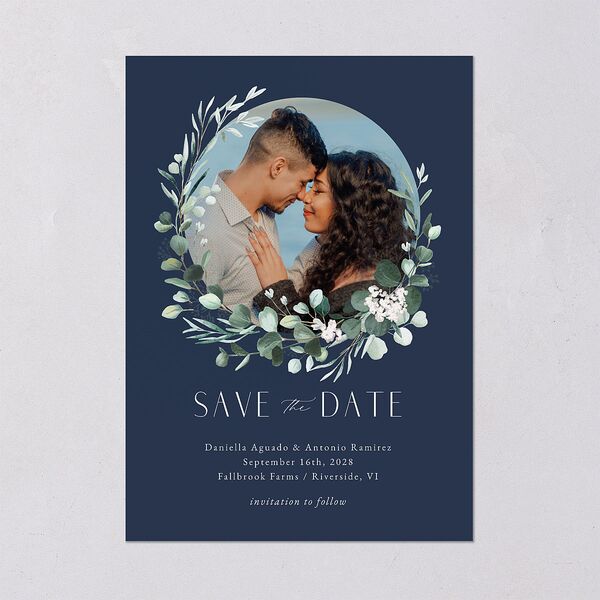 Eucalyptus Hoop Save the Date Cards Moody Blue Signature smooth Blank No Standard
