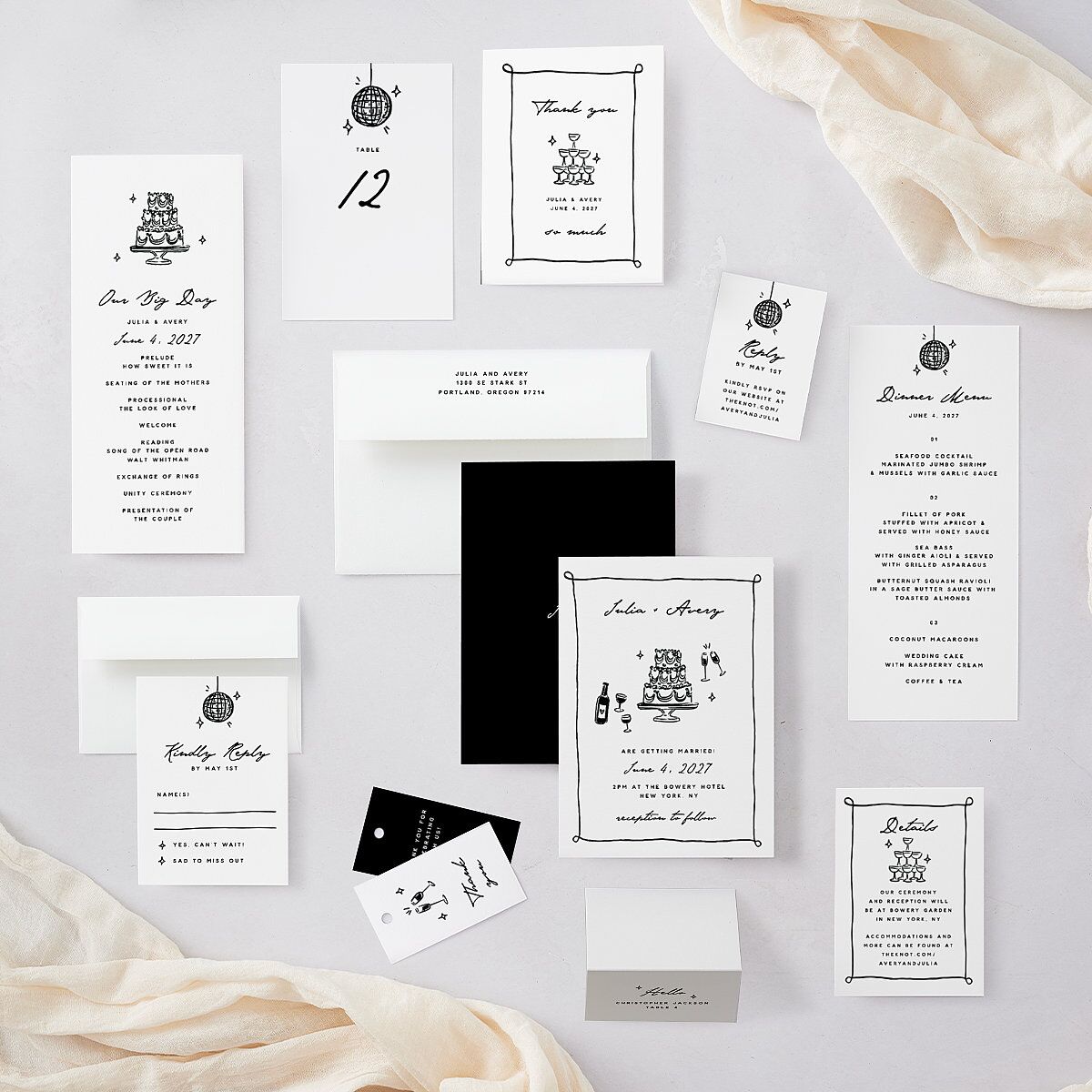 Hand Drawn Cake Wedding Invitations Pure White Signature Blank No Standard