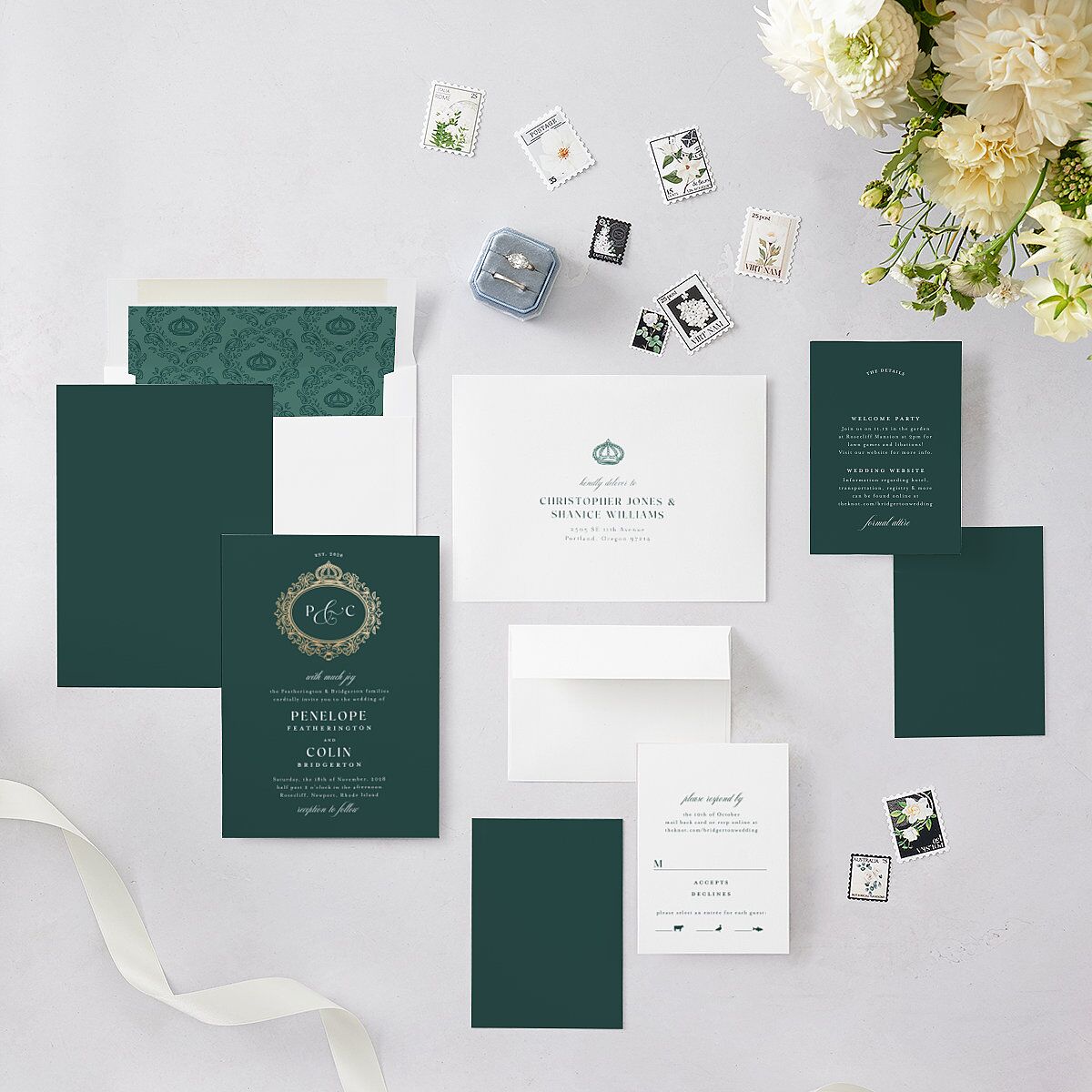 Glamorous Crown Monogram Crest Wedding Invitations by Bridgerton — view 5