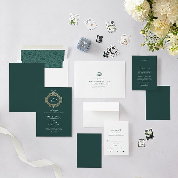 Glamorous Crown Monogram Crest Wedding Invitations by Bridgerton Gold Deep Lake Signature Blank No