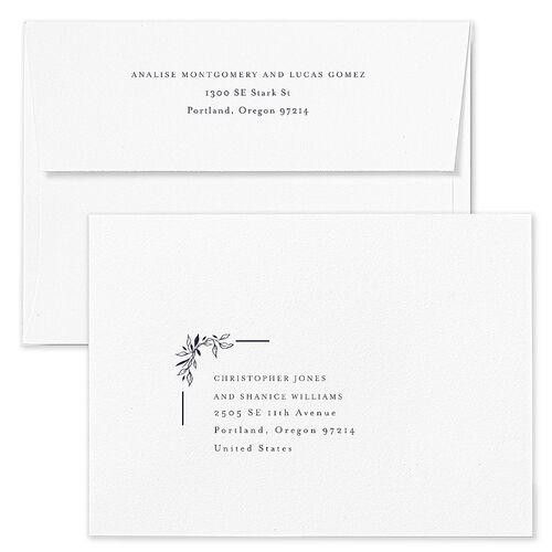 Monogram Leaves Save The Date Card Envelopes White Dusty Blue Both Recipient and Return Addresses Signature Standard
