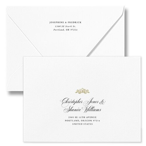 Black Tie Crest Engagement Party Wedding Invitation Euro Envelopes White Pure White Both Recipient and Return Addresses Luxe Signature