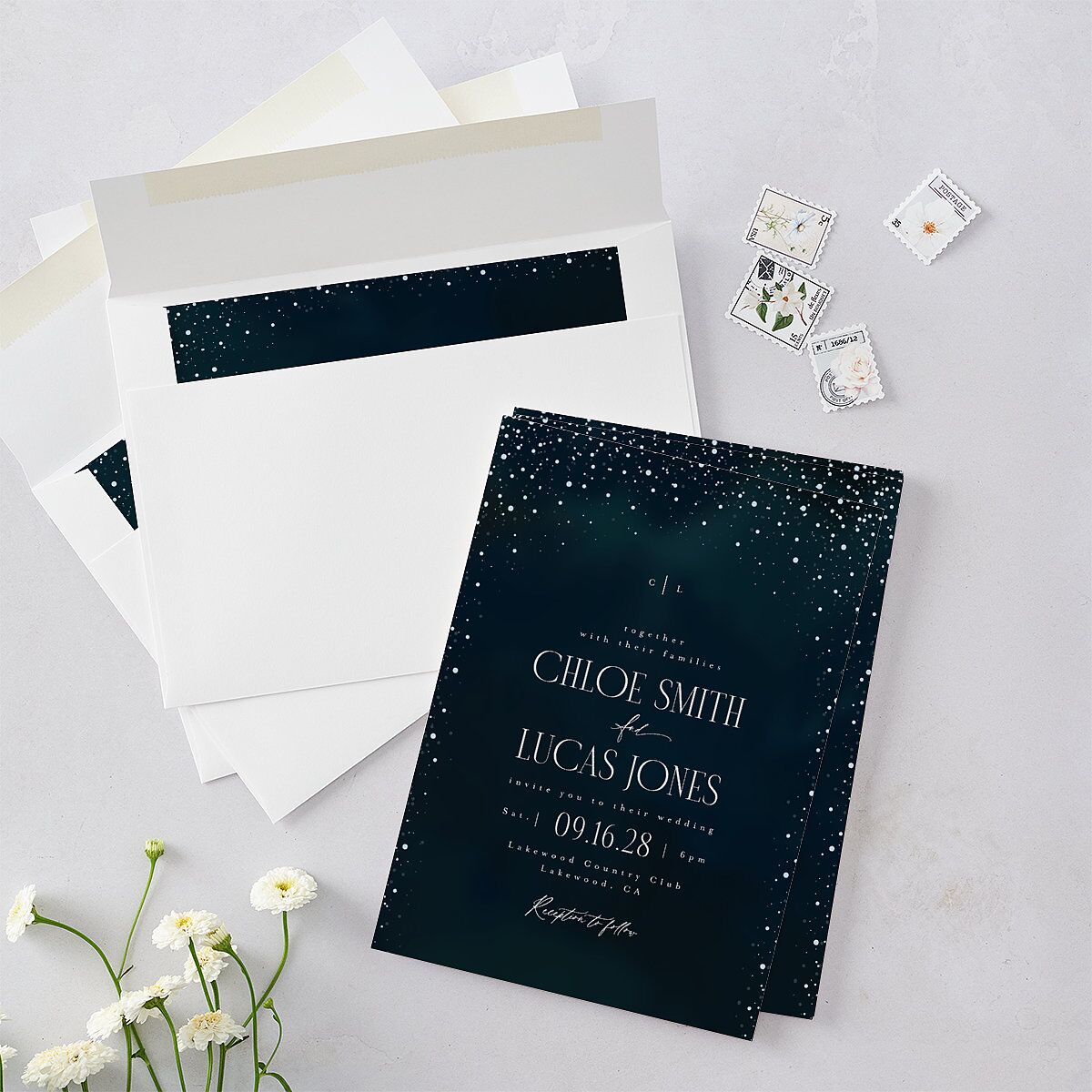 Sparkling Night Wedding Invitations Navy Signature Blank No