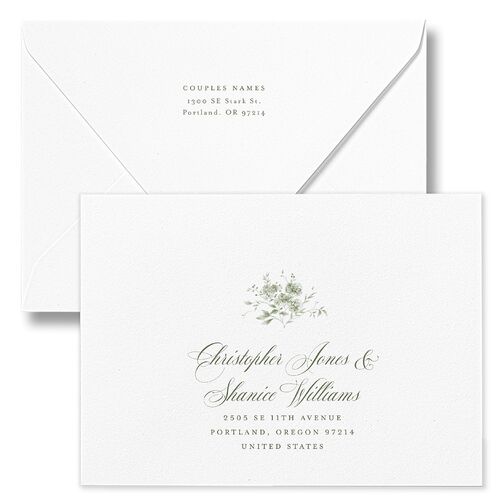 Vintage Florals Wedding Invitation Euro Envelopes White Luxe Deep Olive Recipient Address Signature