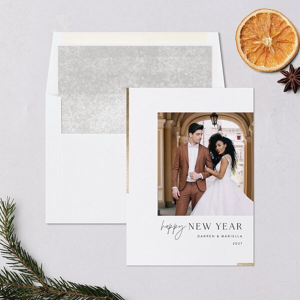 New Years Accent Holiday Cards Gold Pure White Signature Blank Standard Portrait