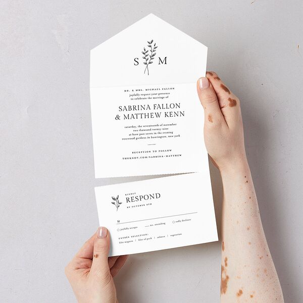 Elegant Botanical Initials All-in-One Wedding Invitations Pure White Signature Light Both Recipient and Return Addresses No