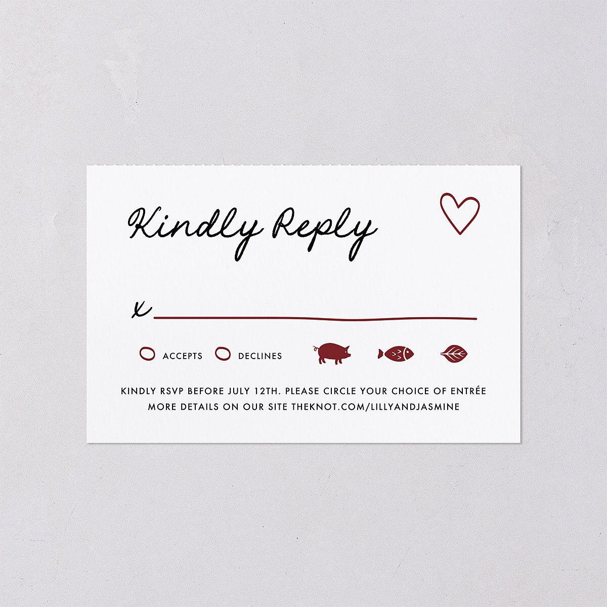 Hand Drawn Heart Photo All-in-One Wedding Invitations Maroon Signature Light Both Recipient and Return Addresses No