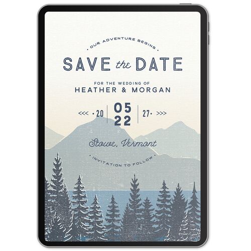 Vintage Mountain Digital Save the Date Cards Dusty Blue Dusty Blue Lets Celebrate Standard