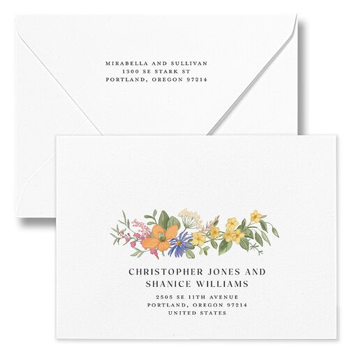 Whimsical Wildflower Garden Wedding Invitation Euro Envelopes Daffodil White Both Recipient and Return Addresses Luxe Signature