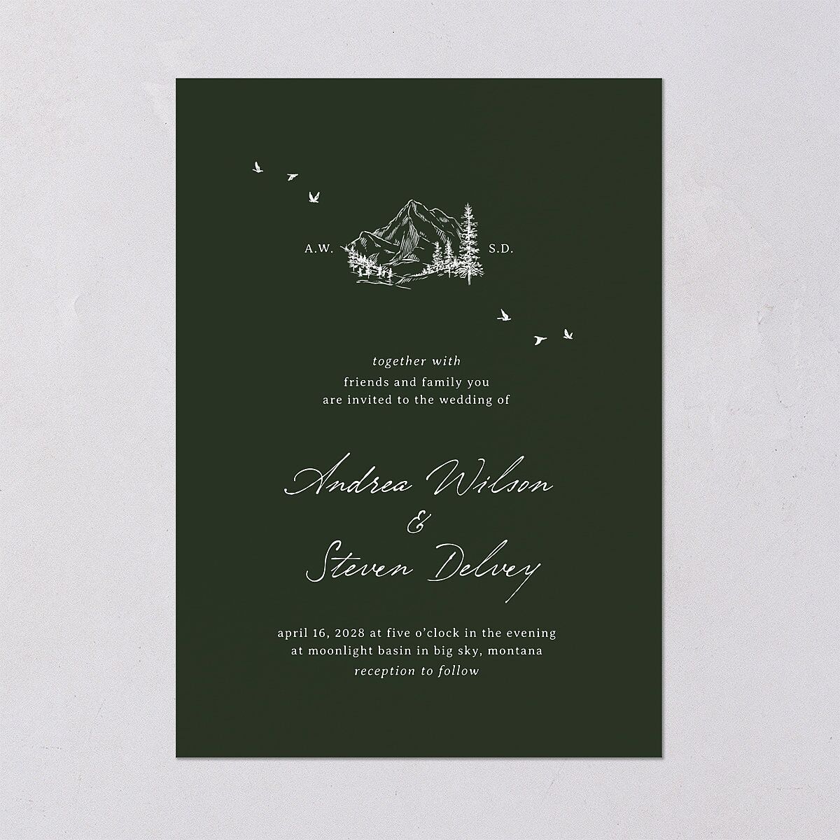 Elegant Mountain Monogram Wedding Invitations Dark Green Signature Blank Standard No