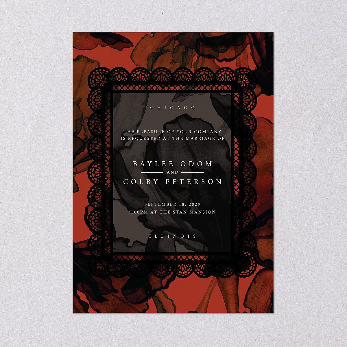 Moody Romantic Lace Floral Wedding Invitations Red Clay Signature Blank No Standard