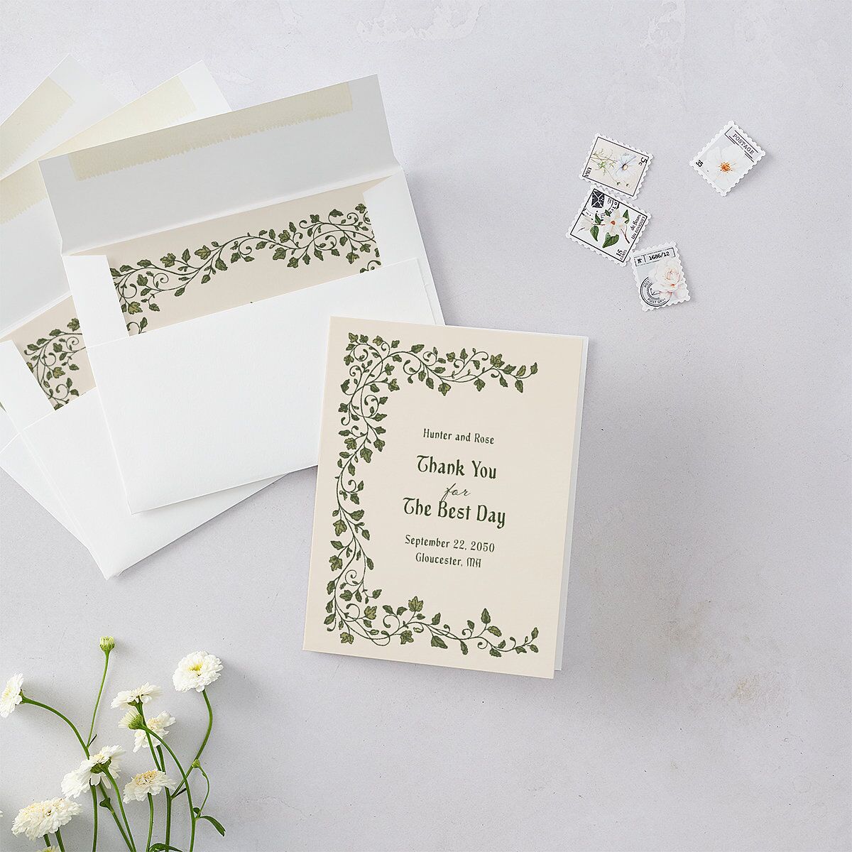 Vintage Fantasy Vines Thank You Cards Olive