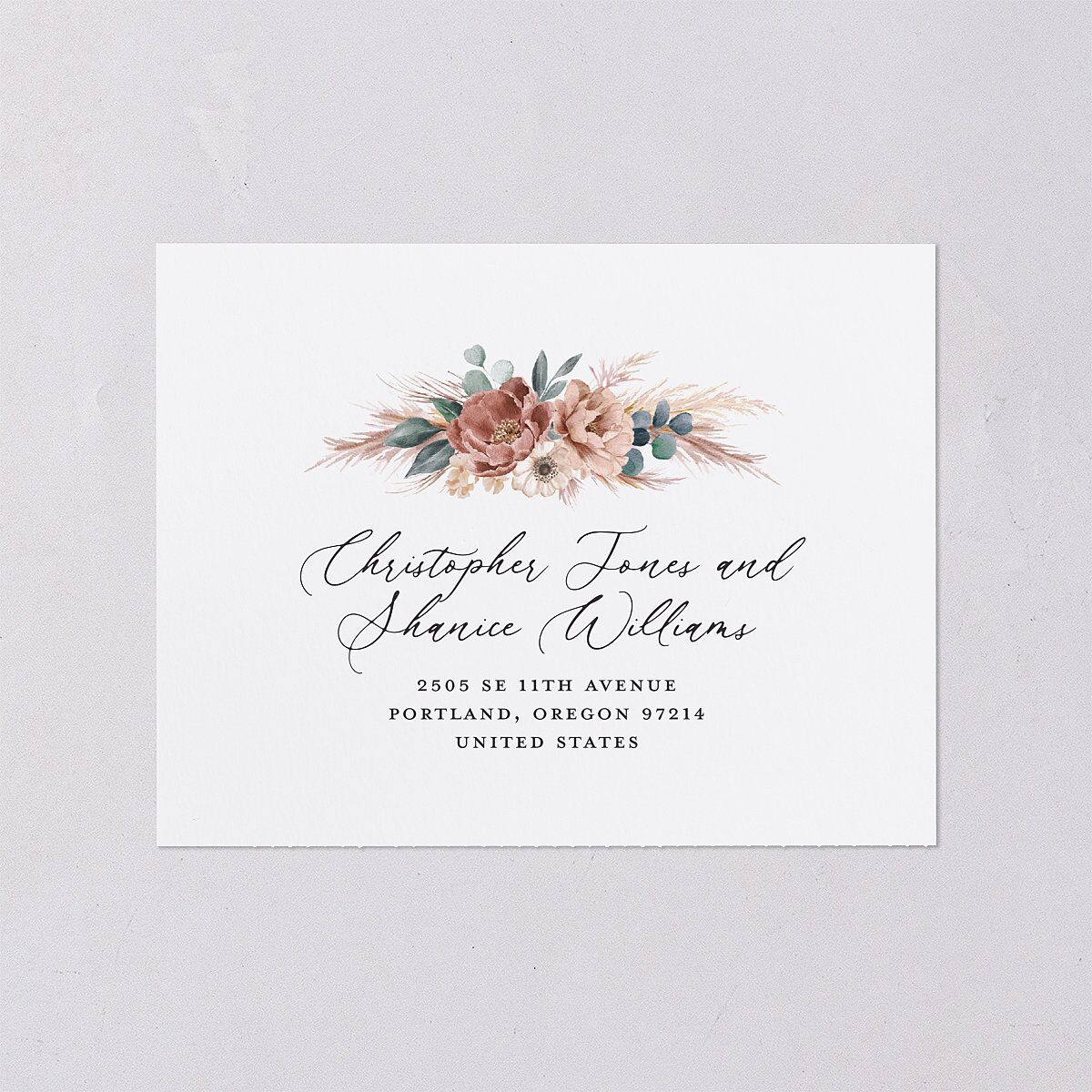 Pampas and Eucalyptus Floral All-in-One Wedding Invitations Desert Rose Signature Light Both Recipient and Return Addresses No