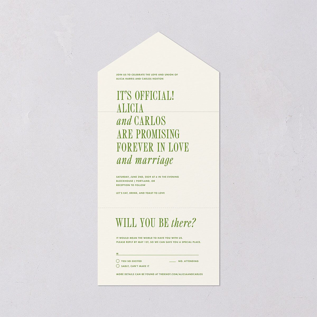 Editorial Promise All-in-One Wedding Invitations Meadow Signature Light Both Recipient and Return Addresses No