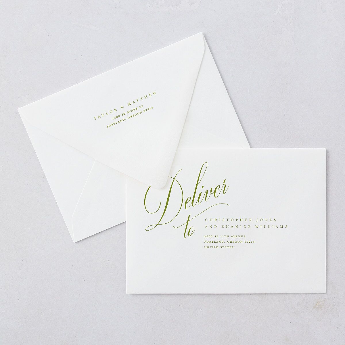 Modern Wedding Of Calligraphy Wedding Invitation Euro Envelopes White Chartreuse Both Recipient and Return Addresses Luxe Signature